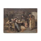 Antique 19th c. Bohemian Overpainted Lithograph on Board