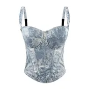 Denim Blue Sexy Vintage Denim Corset Top With Lace Details