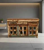 SOLID RECLAIMED TEAK WOOD & GLASS SIDEBOARD CABINET W/ 3 DRAWERS & 3 DOORS