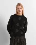 Beatrice B- Crewneck Sweater with Embroidered Applique - Black