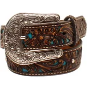 Ariat Girls' Floral Pierced Leather Belt with Etched Silver Buckle, Brown/Turquoise