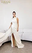 241E2406 Asymmetrical Off-Shoulder Jacquard A-Line Gold Column Evening Dress