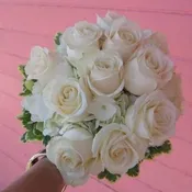 One dozen roses threaded through a single hydrangea.
