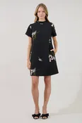 Black Floral Ruffle Neck Shift Mini Dress with Pockets