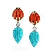 Fluted Red Coral and Turquoise Earrings