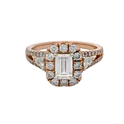 14kt Rose Gold and Emerald-Cut CZ Center Ring With Diamond Halo and Band Size 7