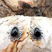 Black Onyx and Stamped Sterling Silver Earrings Authentic Native American Made Dangle Earrings