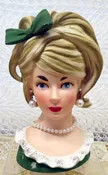 Relpo Lady Planter Head Vase, 7 1/2", #K-1612 in Green with Bow and Faux Pearls — Sir Richards Antiques & Fine Art Center ~ Est. 1971