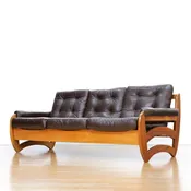 1970s Brown Leather Sofa Teak Sculptural Form