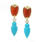 Cushion Red Coral and Turquoise Earrings