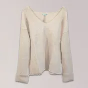 Cream Rib Knit V-Neck Pullover with Cuffed Sleeves