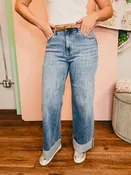 90's Stretch Cuffed Hem Straight Jeans - Medium Indigo