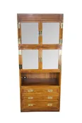 1980s Henredon Scene One Oak Campaign Curio Display Cabinet Library Bookcase 84