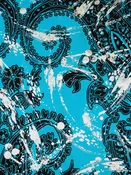 SOLD BY THE PANEL ONLY - Pacific Blue/Silver/Black Polyester/Lycra Foil Paint Splats On Ornate Print ITY Knit 58W