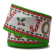 2.5" x 10yd - "JOY", Holly & Berries - Wired, Polka Dots/Stripes