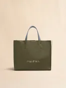 Sac fourre-tout Museo Soft en cuir vert foncé, crème et bleu avec broderie Marni Mending