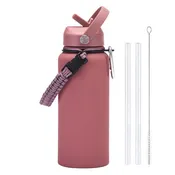 1 L Insulated Water Bottle with Straw and Braided Strap