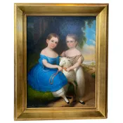 American ROBERT STREET Oil on Canvas Painting, Portrait of the Grundy Sibling Children with a Lamb