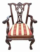 1950s Chippendale Revival mahogany armchair w/ red/yellow stripes, 38.25" h, 24"