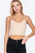 Natural Tan V-neck with Lace Trim Floral Jacquard Seamless Crop