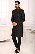 Black Jacquard Straight Cut Men Sherwani