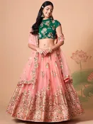 Peach Soft Net Mirror Work Flowy Elegant Festive Wear