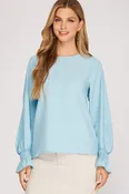 BABY BLUE BUBBLE SLEEVE WOVEN TOP
