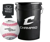CHAMPRO CBB-40 Genuine Leather Cover Baseballs in a Black Bucket – 30 Balls and one Rods Can Sleeve Included