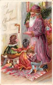 “A Merry Christmas”, Pink Robed Santa With Children &amp; Toys, PC U23287