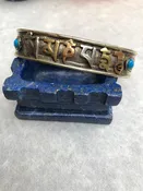Tibetan  Buddhist Mantra Cuff Bracelet, Brass Copper, Turquoise Stone, Mantra of Compassion, Om Mani Padme Hum.