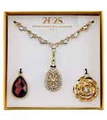 3-In-1 Clear Crystal & Red Teardrop Interchangeable Necklace Set 16" + 3" Extender