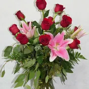 Dozen Red Roses with Stargazer Lillies