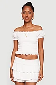 Beaded Crochet Detail Smocked Off The Shoulder Top