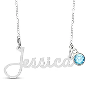 Bezel-set March Birthstone Charm Nameplate Necklace Sterling Silver 18"