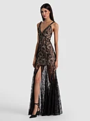 ALANA TWIST STRAP LACE GODET MAXI DRESS - BLACK/ALMOND