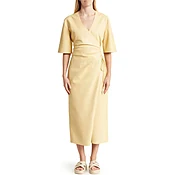 Buttery Yellow Wrap Style Women Midi Leather Dress