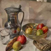 1800s Unframed Oil on Canvas - Still Life with Fruit & Pewter Pot