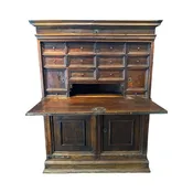 18th Century Spanish Baroque Walnut Bargueno or Vargueno Fall-Front Writing Desk Cabinet Spanish Cabinet "Bargueño" or Vargueno on Stand, Original Wrought Iron and Keys