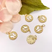 15mm Cute Shell Coin Butterfly Charm in Real Gold Plated 18K Micro CZ Pave Over Copper