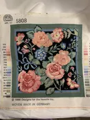 Finished Vintage Needlepoint Canvas  1998  DMC 5808. Pink Roses Blue Bow