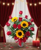 12 red roses with 3 sunflowers In vase