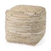 Aalia Beige Leather and Jute Pouf