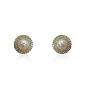 14k Gold Pearl Stud Earring With Double CZ Pave Halo