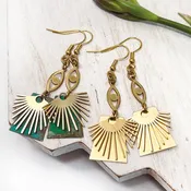 Brass Dangle Earring with Evil Eye and Sunburst On Brushed Brass or Blue Green Patina