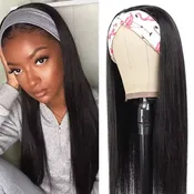 16 18 20Inch Headband Wig Human Hair Straight Headband Wigs for Black Women Glueless None Lace Front Human Hair Headband Wig Brazilian Virgin Hair Machine Made Wigs Natural Black 180% Density