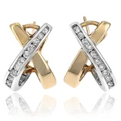 14K Two-Tone Yellow and White Gold Round Diamond X Hoop Earrings