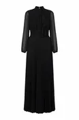 Mikael Aghal Black Pleated Chiffon Maxi Dress with Neck Tie
