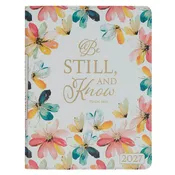 2027 Be Still and Know Large Zippered White Floral Faux Leather 18-Month Planner for Women - Psalm 46:10