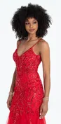 Beaded Embellished Plunging Glitter Mermaid Dress with Mesh Godets