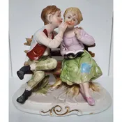 Vintage Boy Whispering to Girl On Bench Figurine Hand Painted on Bench 6"
